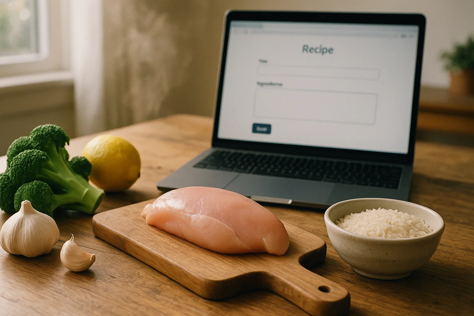 Ingredients arranged beside a laptop displaying a recipe workflow.