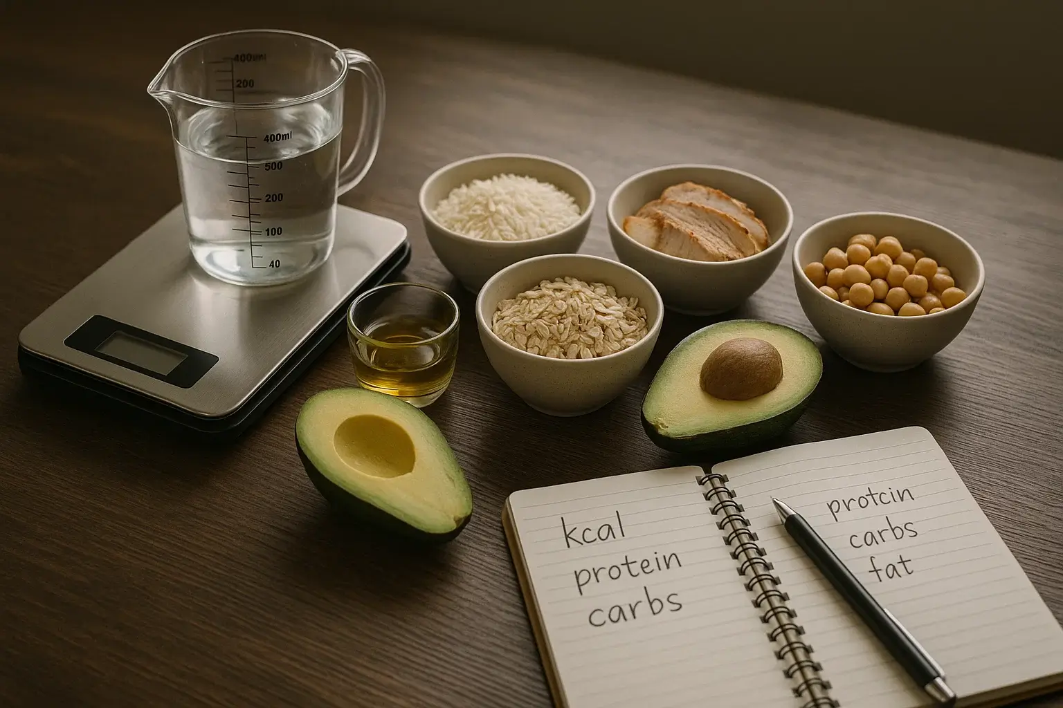 Nutrition-focused workspace with fresh produce and planning tools.