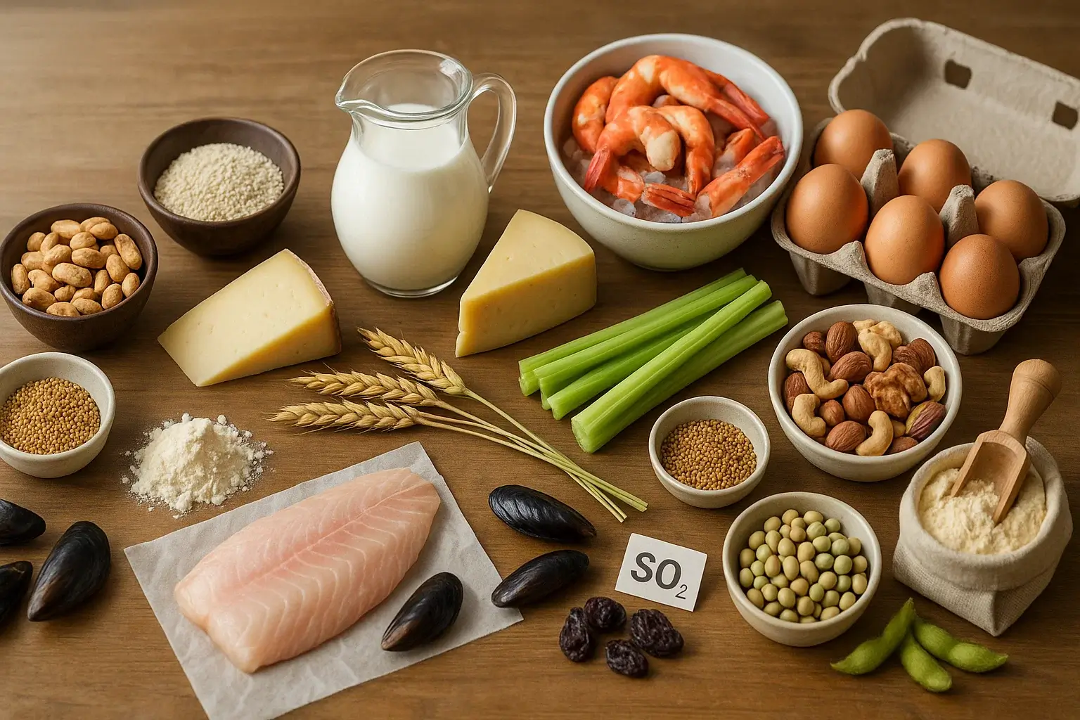 Allergen ingredients and safety notes on a counter