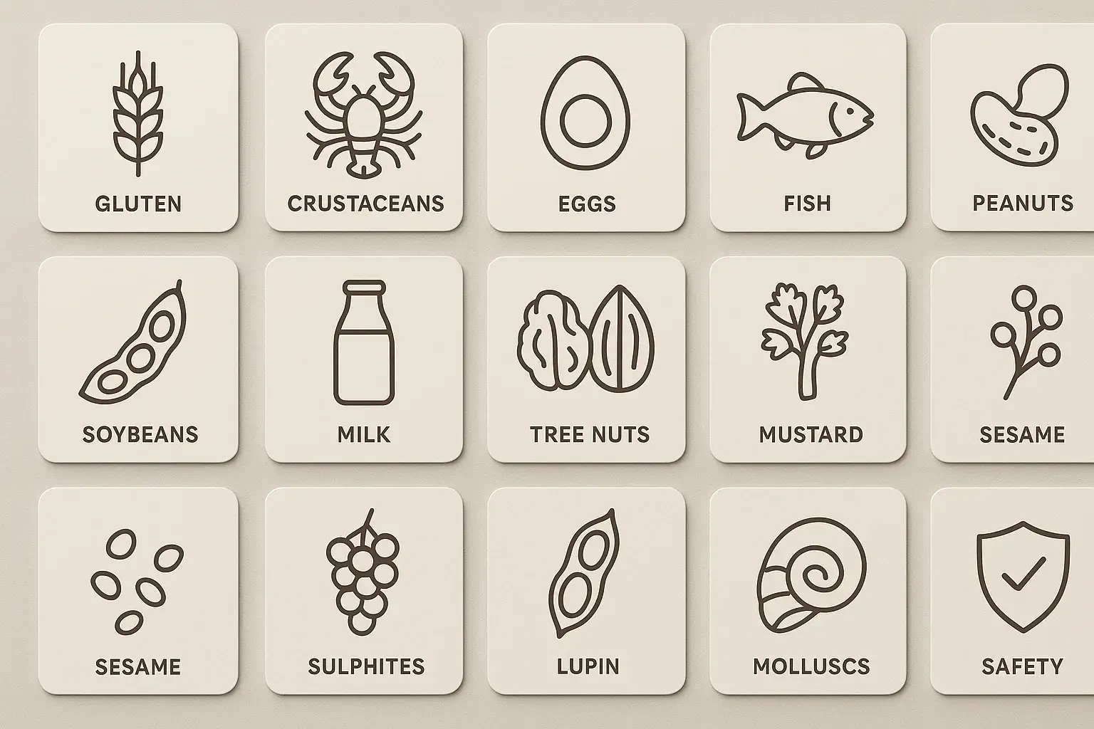 Allergen icons grid (14 EU allergens) with a safety shield.