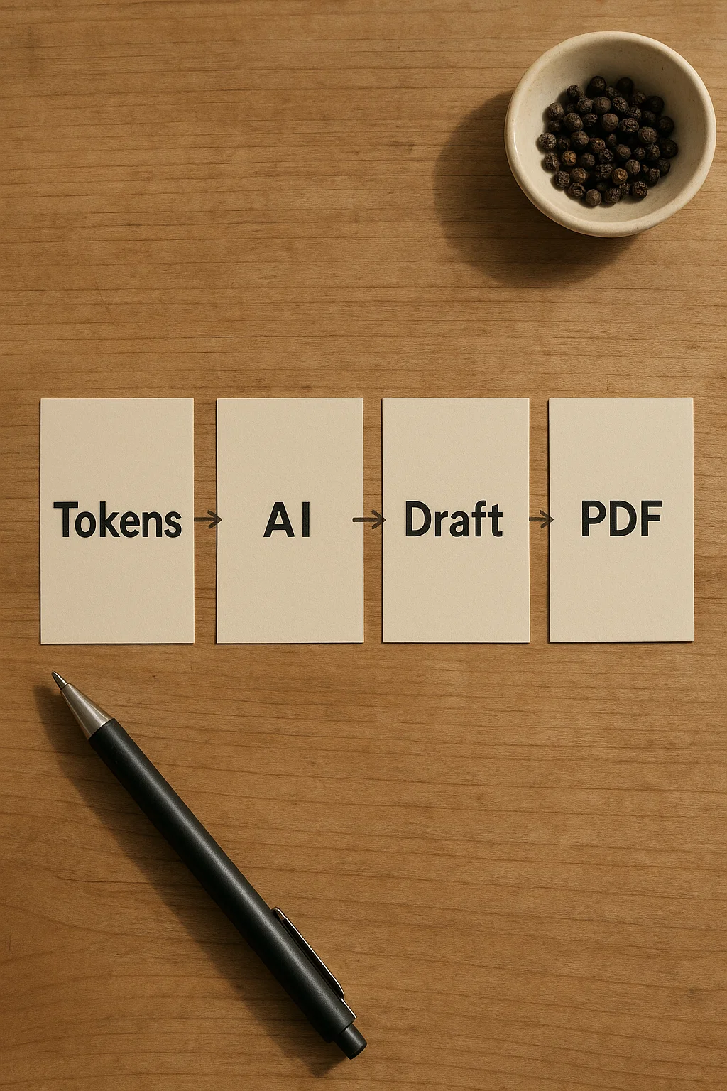 Paper cards showing Tokens, AI, Draft, PDF in a flow