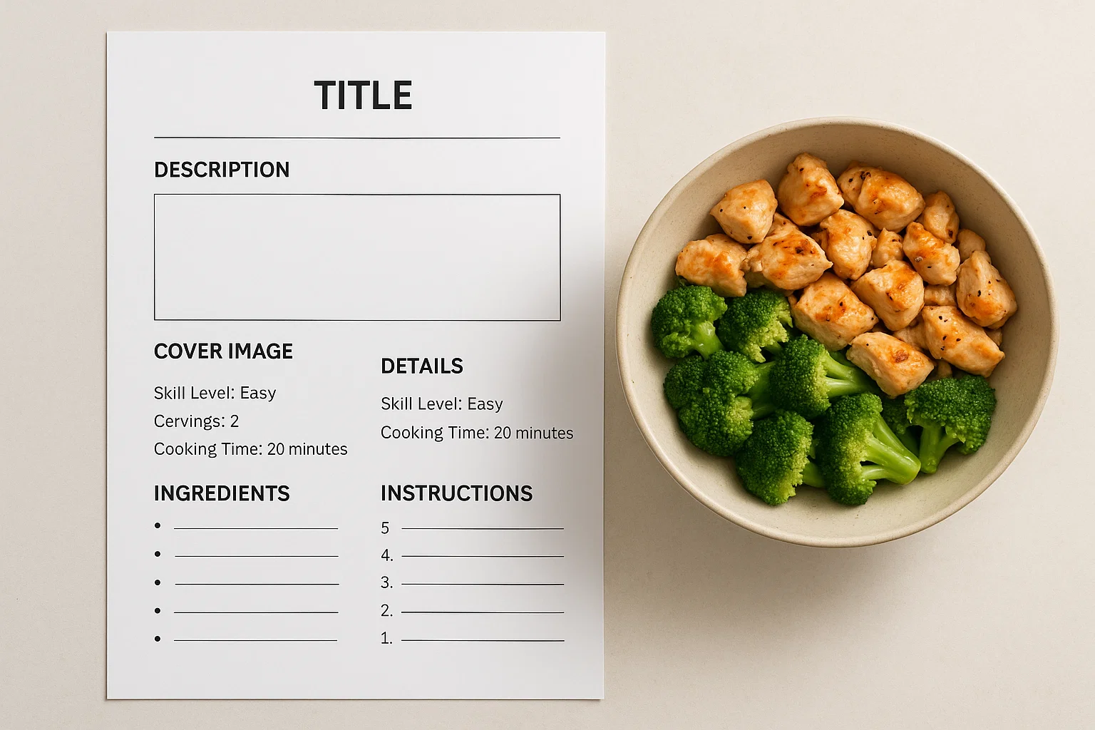 Printed recipe layout with labeled sections