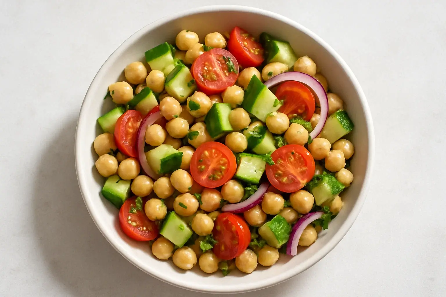 Mediterranean chickpea salad with cucumbers and olives