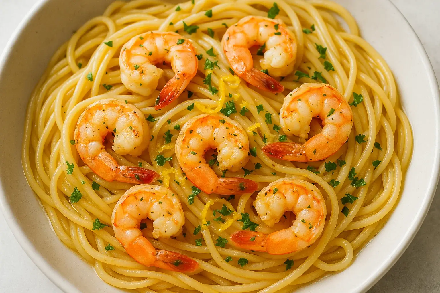 Garlic butter shrimp pasta twirled in a bowl