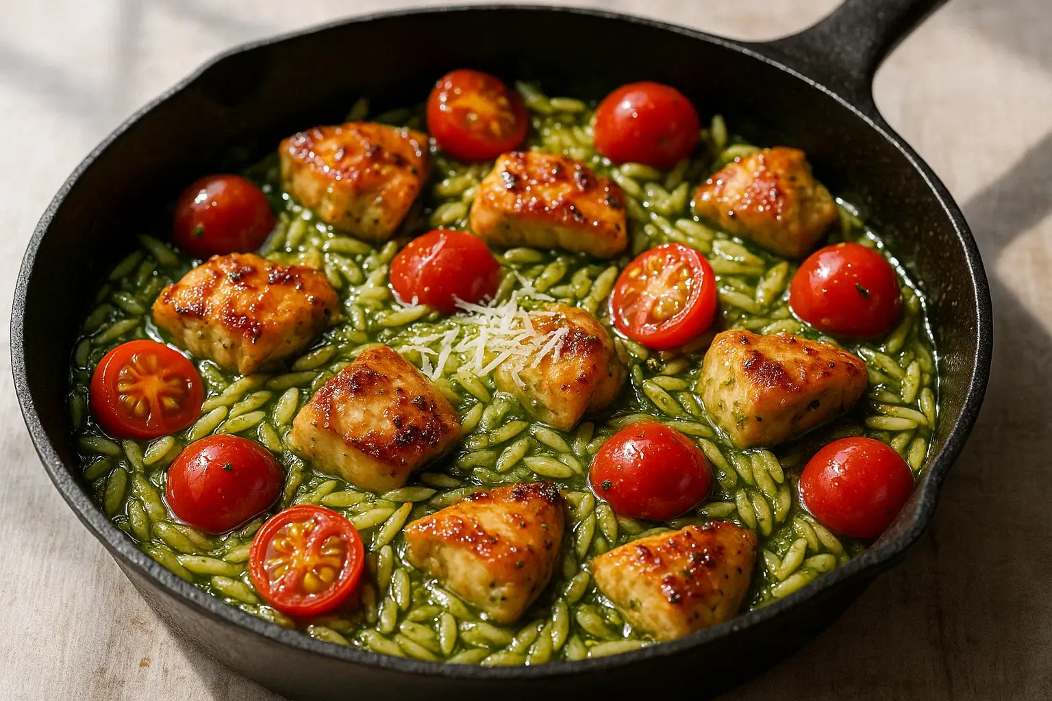 Pesto chicken orzo with spinach and tomatoes
