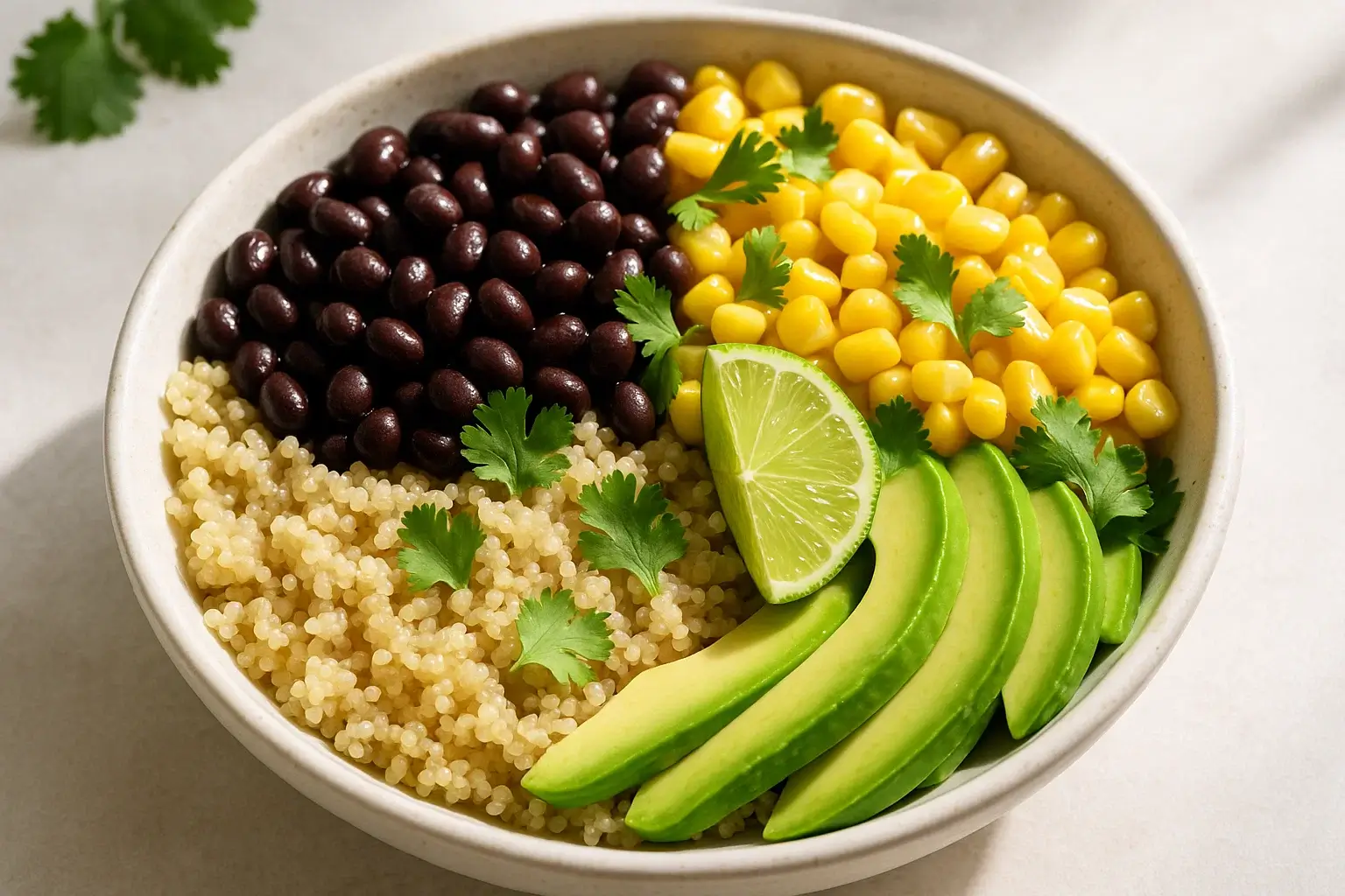 Quinoa bowl with chickpeas, avocado and greens