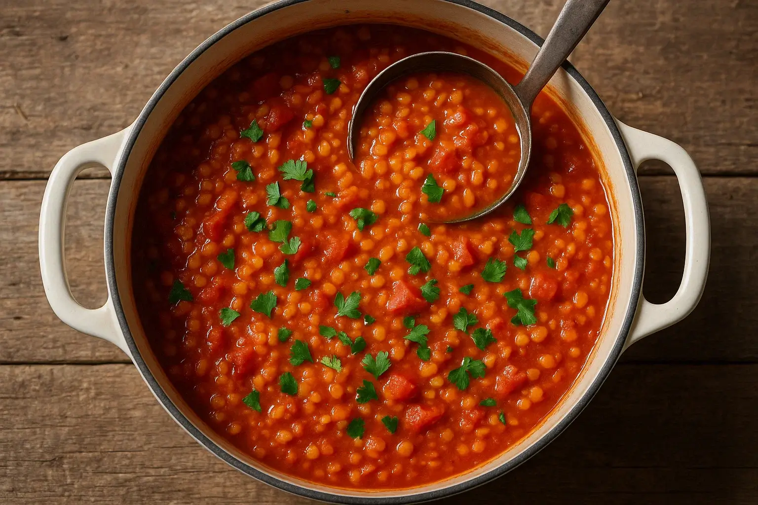 Vegan lentil tomato stew in a pot with basil garnish
