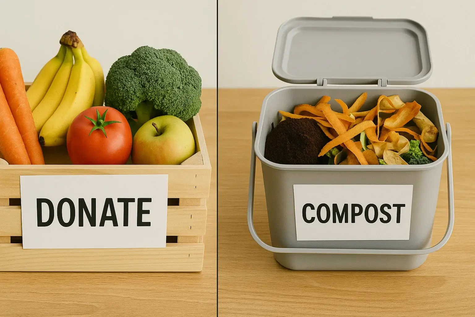 Crate labeled donate and kitchen compost caddy filled with peels and coffee grounds.