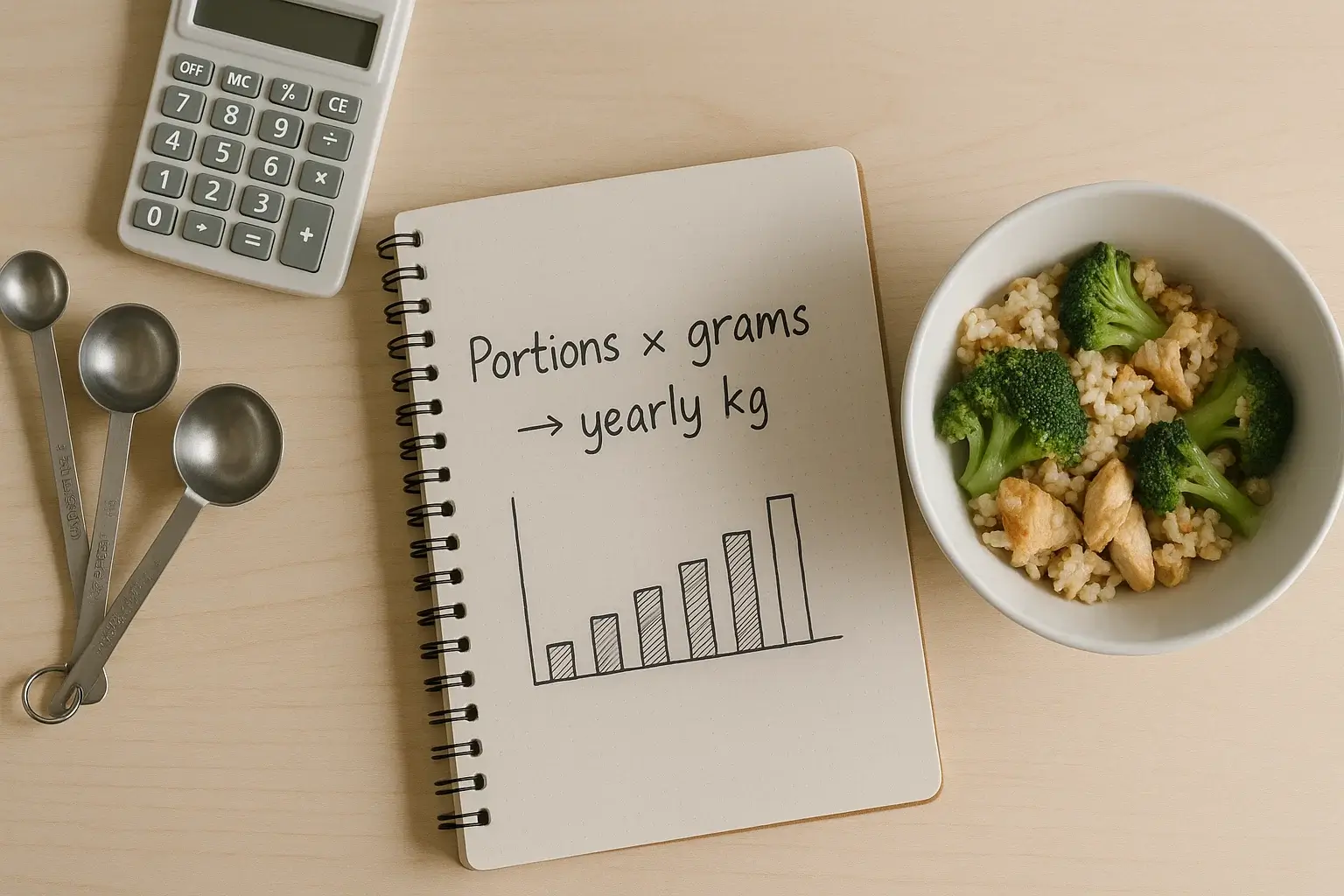 Notebook with formula converting portions to yearly kilograms and euros saved.