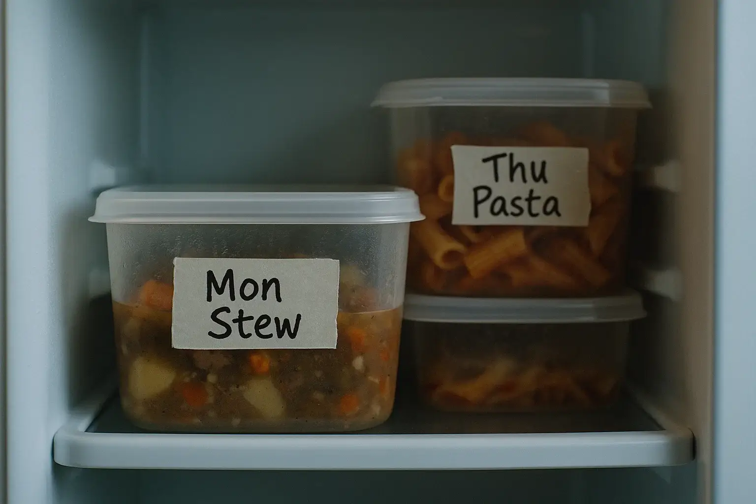 Fridge shelf with labeled containers arranged first-in first-out.