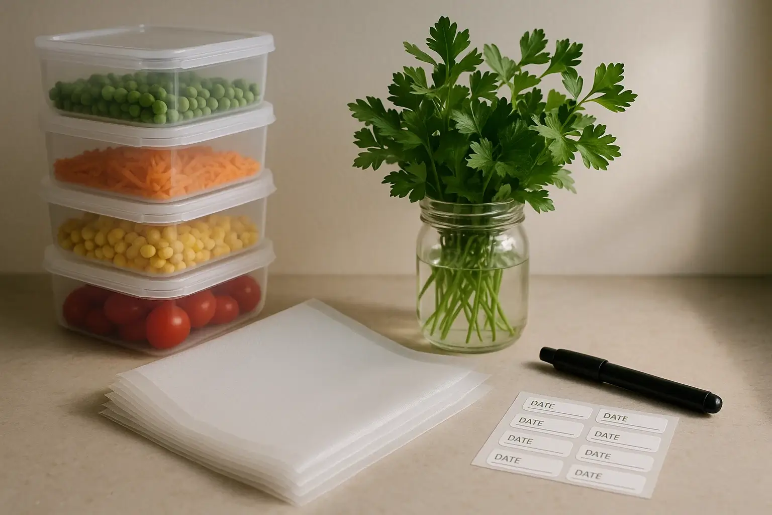Containers, date stickers, vacuum bags, herbs stored in water.